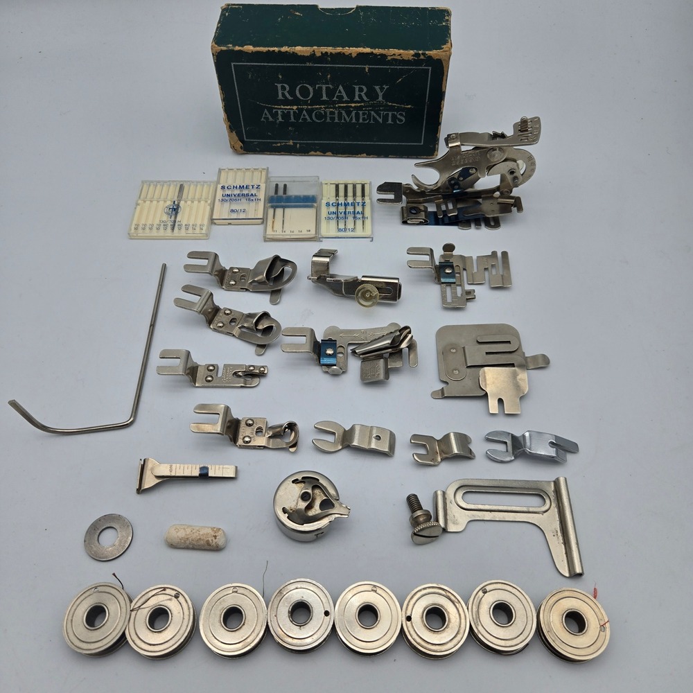 Greist Rotary Sewing Machine Attachments Feet Lot Ruffler Hemmer Bobbin